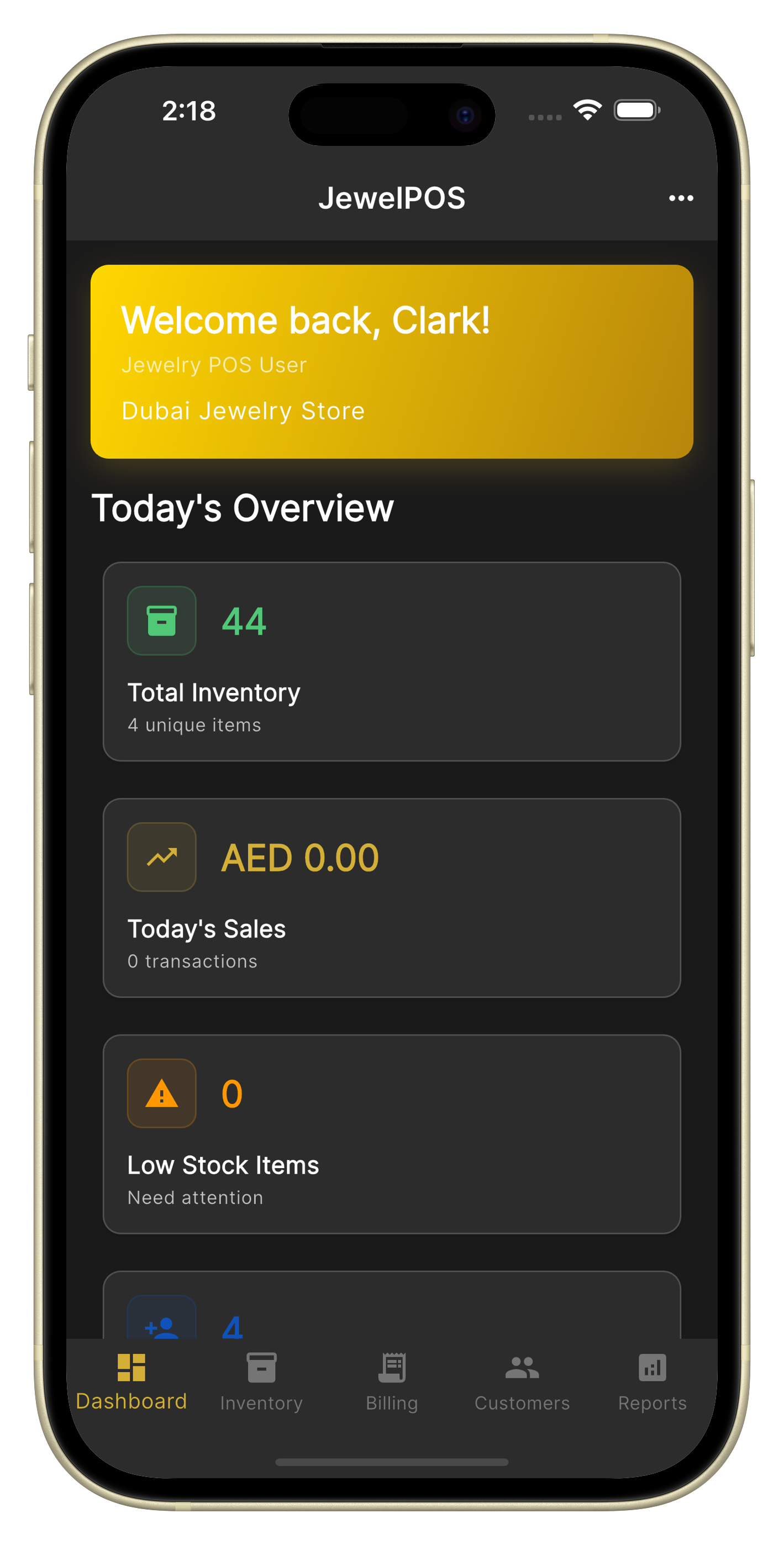 JewelPOS Mobile App - Dark Mode